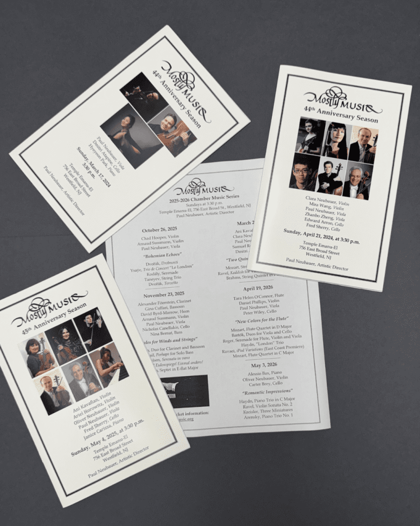 Custom printed music programs for anniversary seasons and concerts.